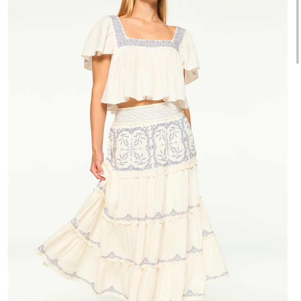 Misa Los Angeles Lamar Maxi Skirt Cream Blue Embroidered Maxi Size XS-NWOT